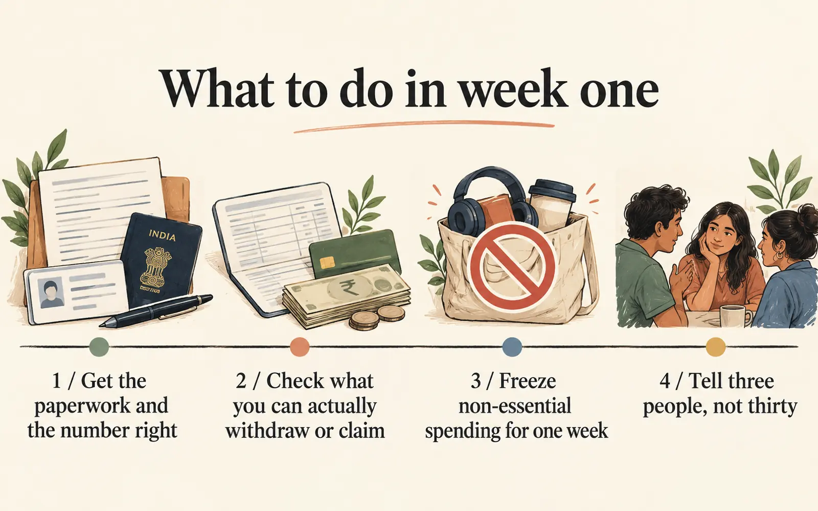 Four-step timeline for the first week after an AI-driven job loss: paperwork, claims, spending and trusted conversations