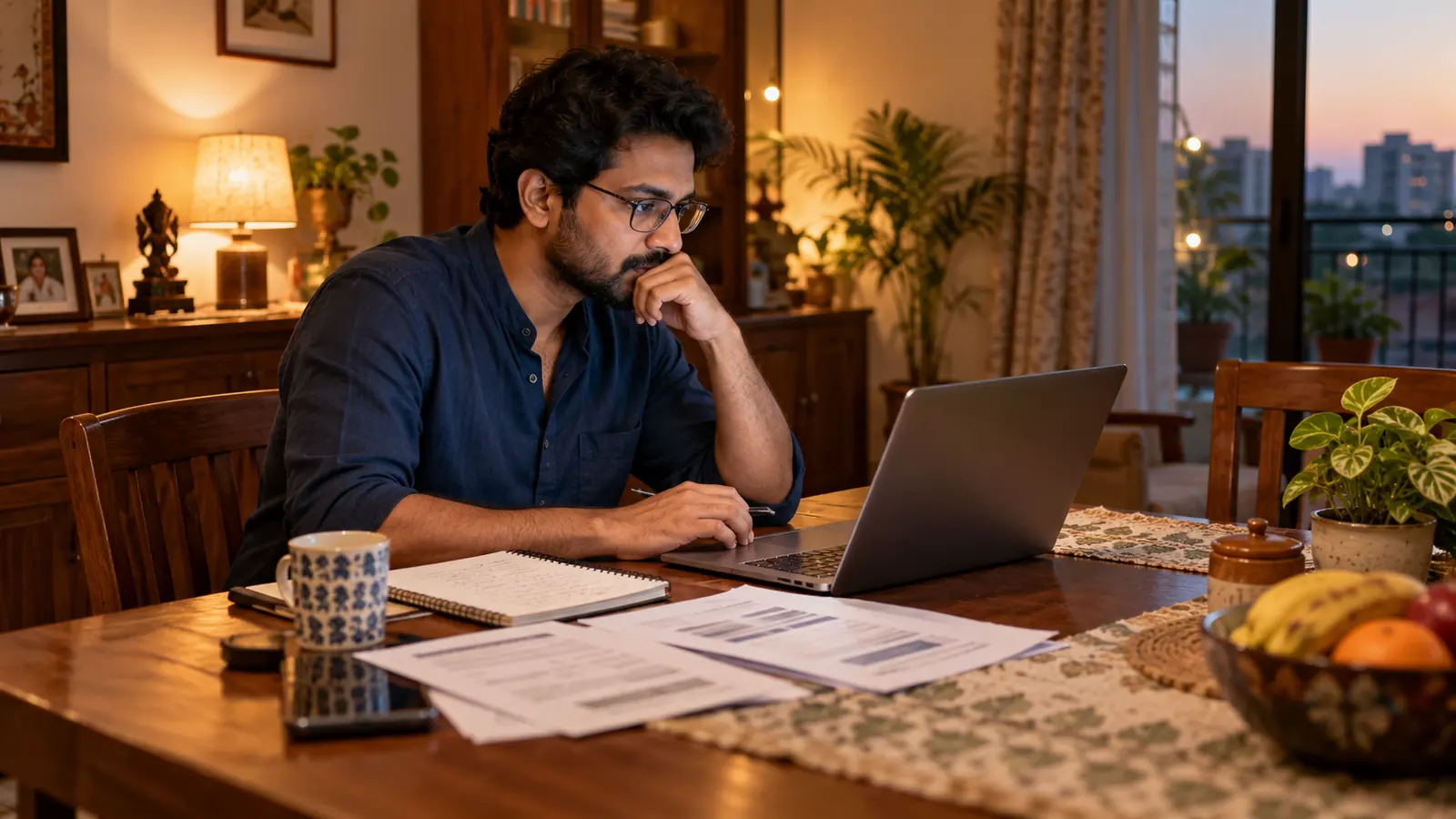 Indian professional reviewing a laptop project, notebook and job papers at a family dining table in the evening