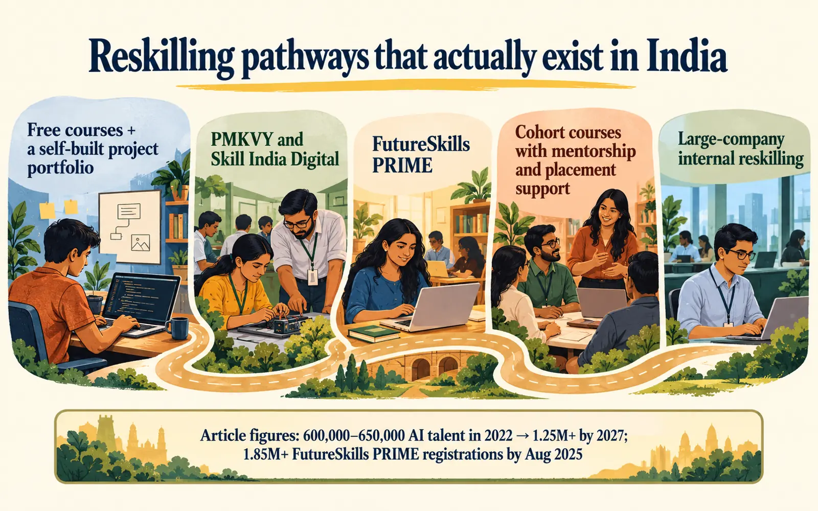 Editorial roadmap showing five reskilling pathways in India from free project work and public programmes to cohorts and employer training