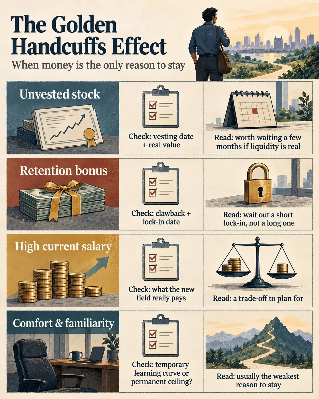 Infographic summarizing stock, retention bonus, salary, and comfort factors behind golden handcuffs