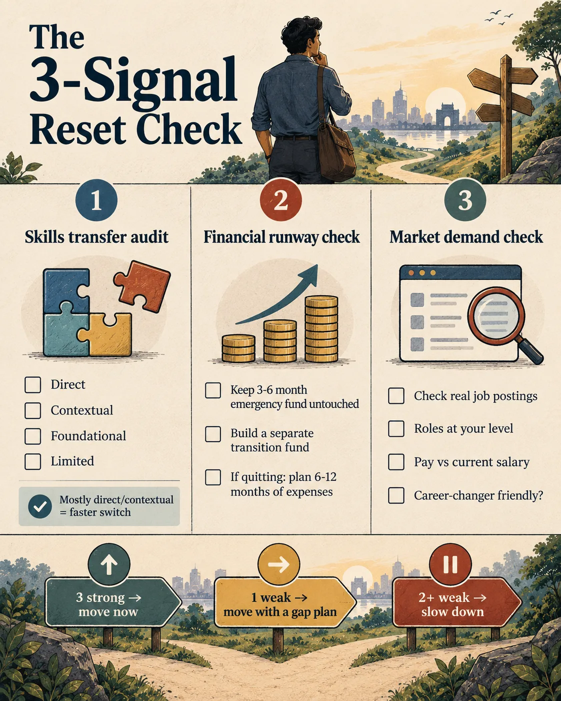 Comparison infographic showing job hopping versus a deliberate career reset