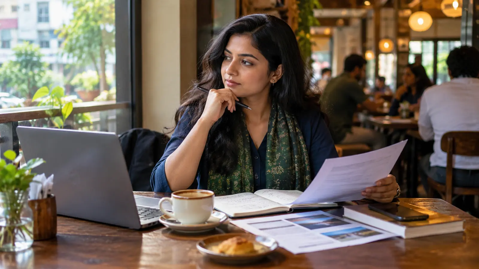 Working professional reviewing skills, course information, and job options at a neighbourhood café while considering how to break through a career plateau