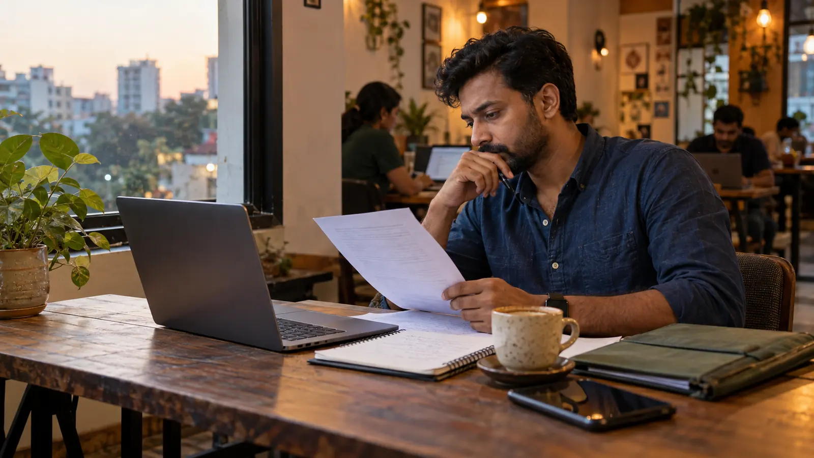 Indian IT professional reviewing an employment document and handwritten notes beside a laptop in a neighbourhood co-working café while planning a career switch