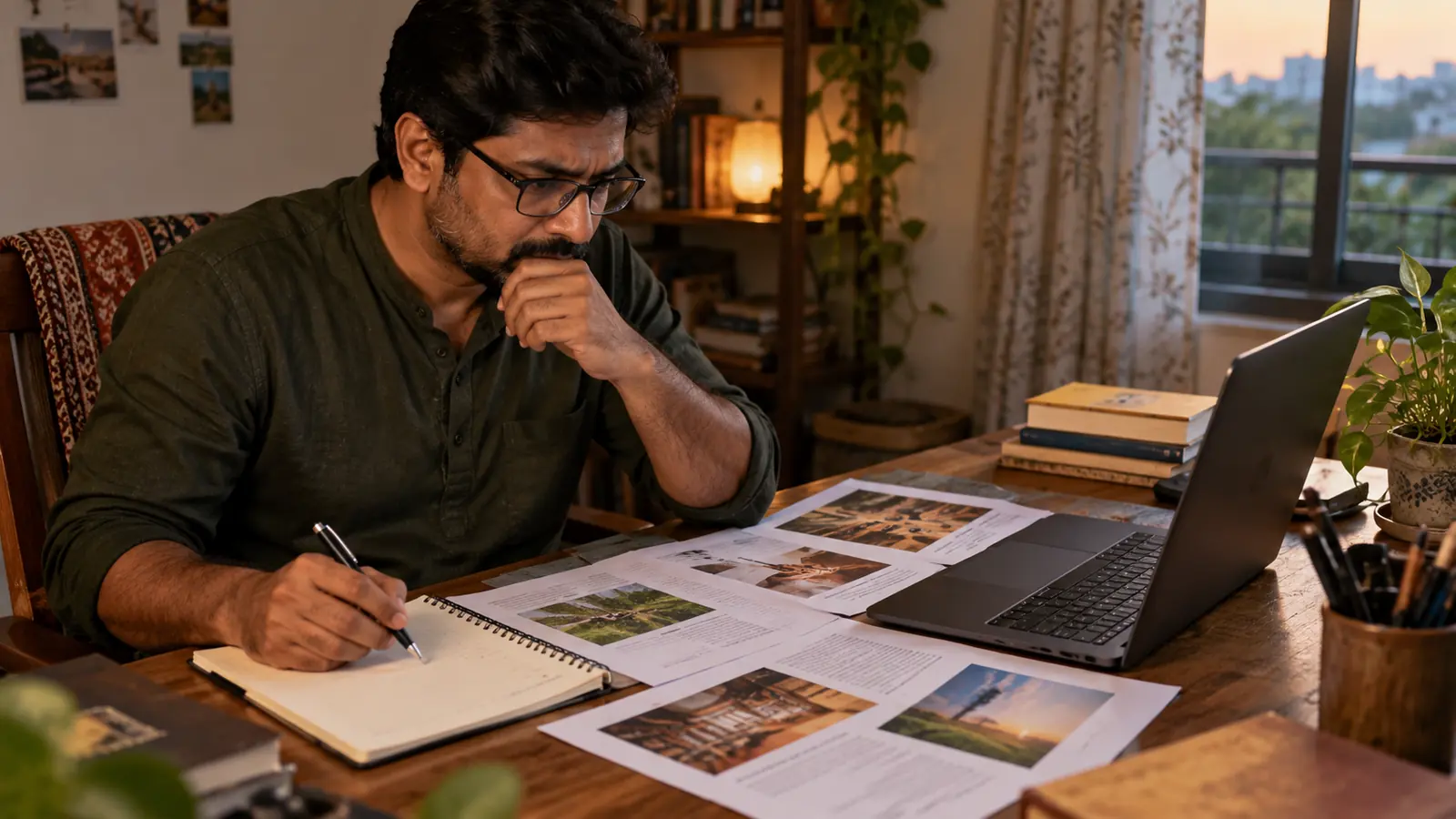 Indian IT professional weighing a non-IT career move at a home workspace with a laptop, notebook and printed career information