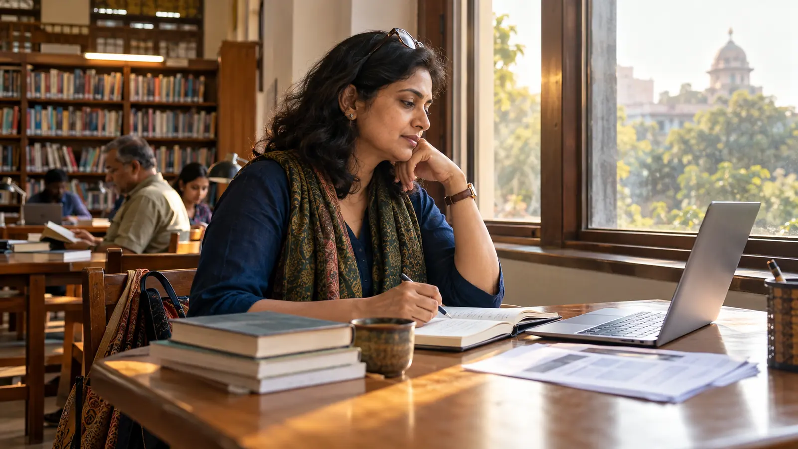 Indian professional around 40 reviewing a notebook and laptop beside a library window while planning a second career without discarding years of experience