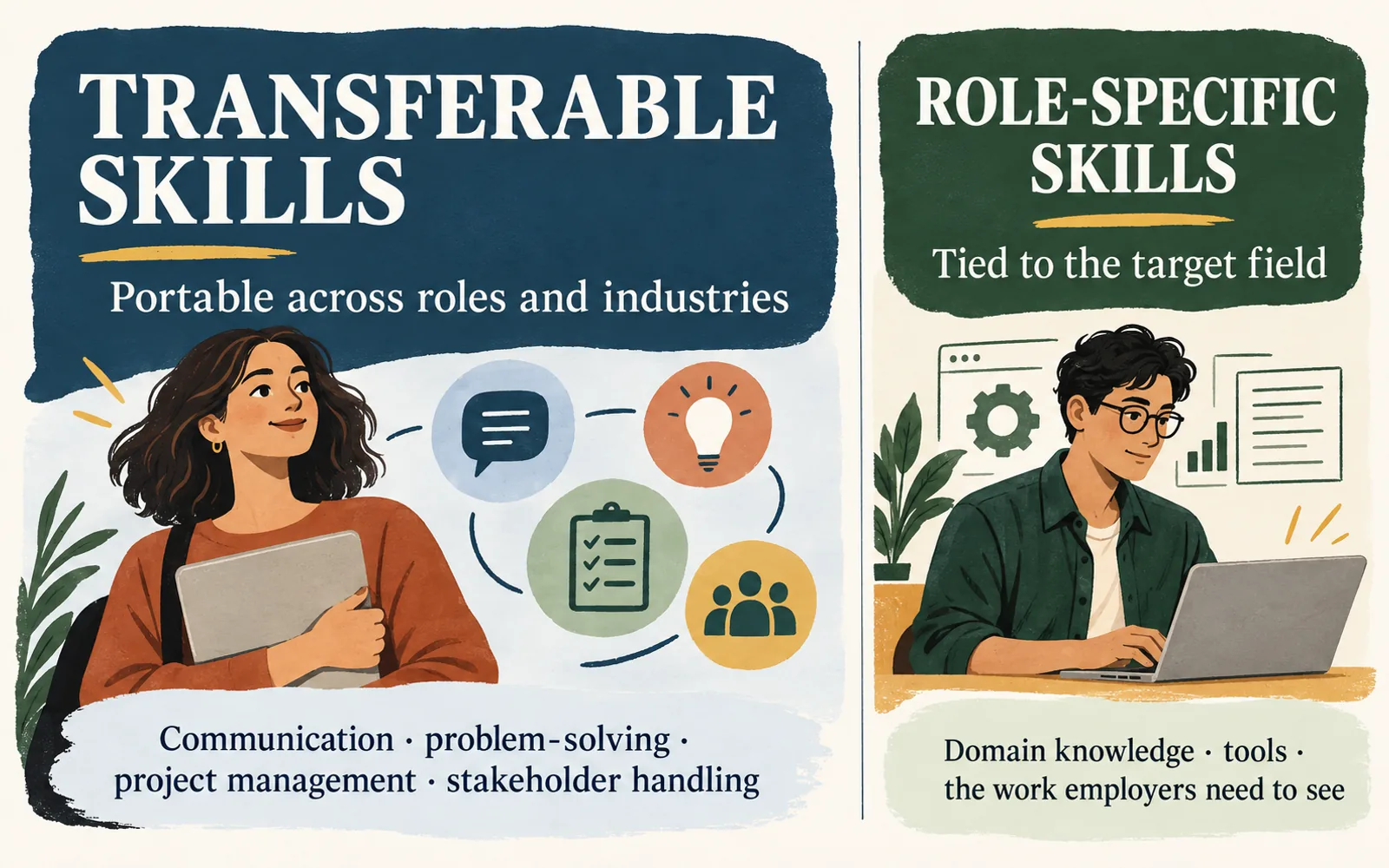 Comparison panel showing transferable skills as portable across roles and industries versus role-specific skills tied to the target field