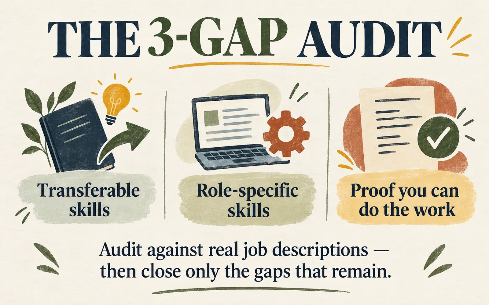 Summary card for the 3-Gap Audit covering transferable skills, role-specific skills, and proof of work before a career change