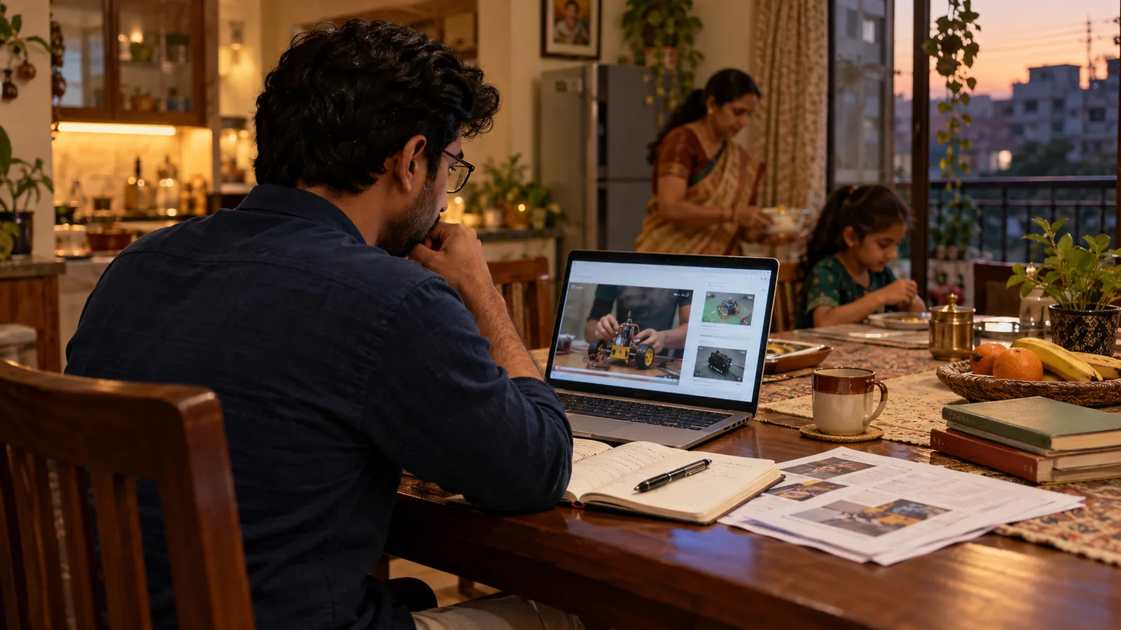 Indian professional reviewing a practical project on a laptop at a family dining table with a notebook and job information while auditing skills for a career change