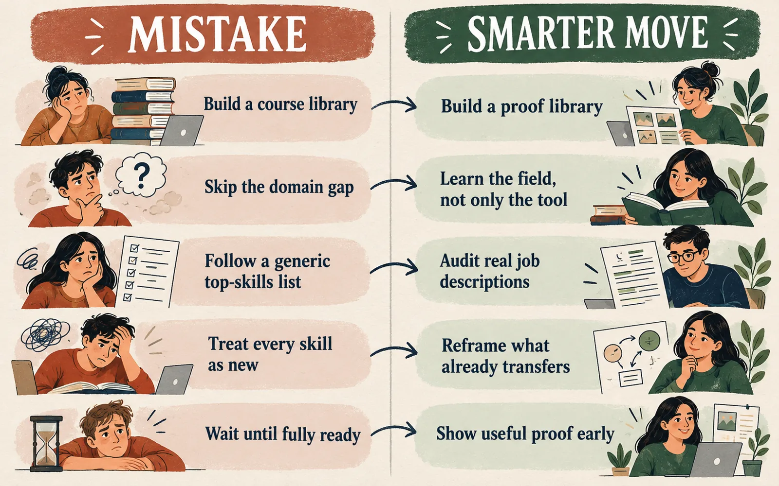 Mistakes versus smarter moves panel contrasting course collecting, skipping domain knowledge, generic skills lists, relearning everything, and waiting too long with practical proof-building choices
