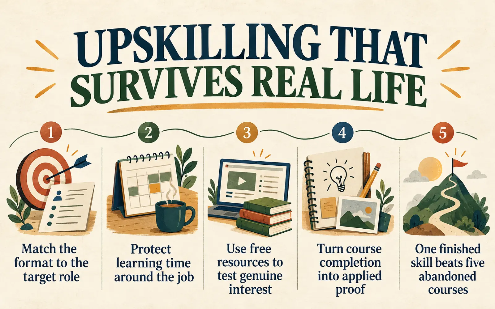 Summary card for upskilling during a career change in India covering learning formats, study while employed, and turning course completion into proof