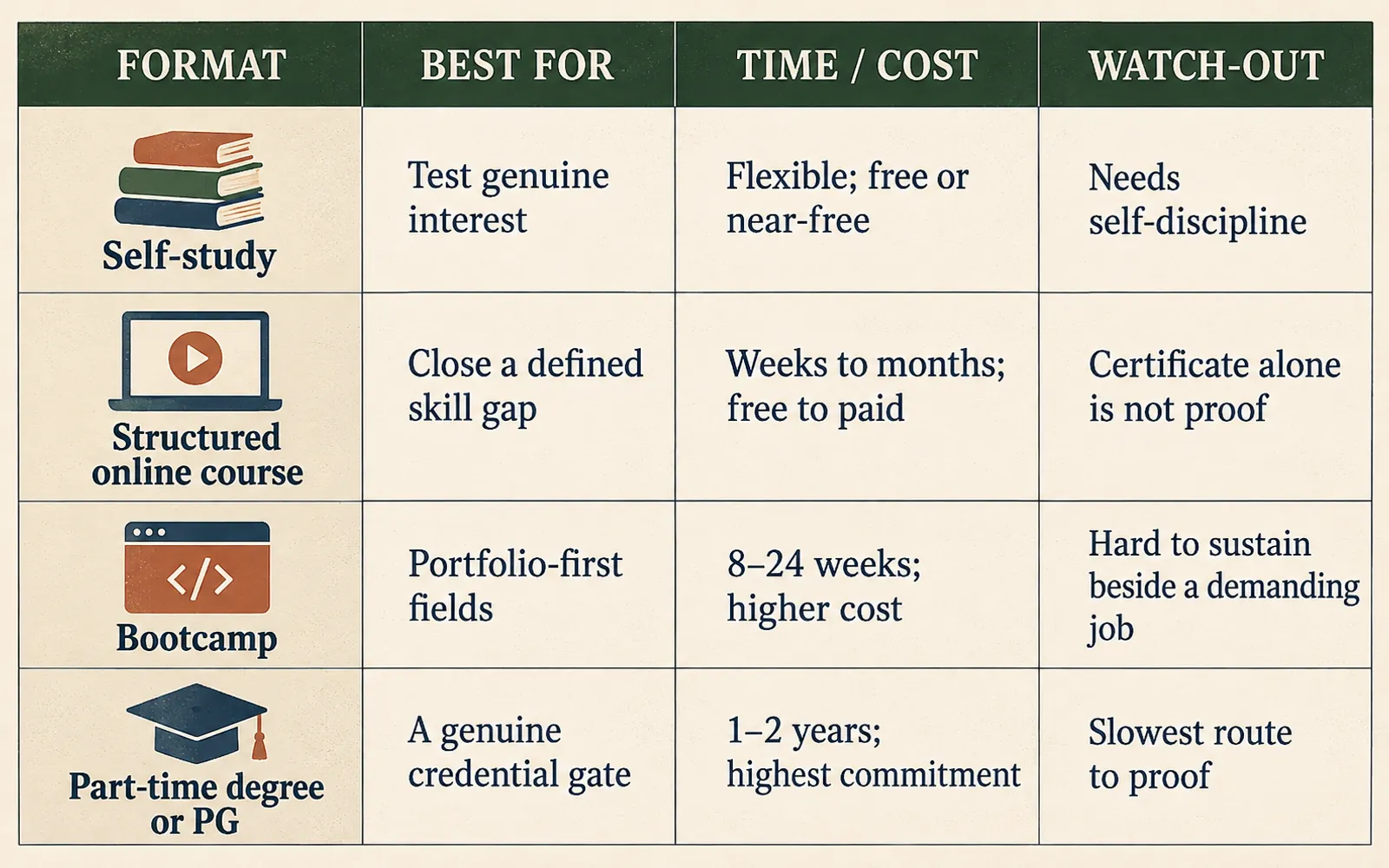 Comparison table of self-study, structured online courses, bootcamps, and part-time degrees by best use, time or cost, and watch-outs