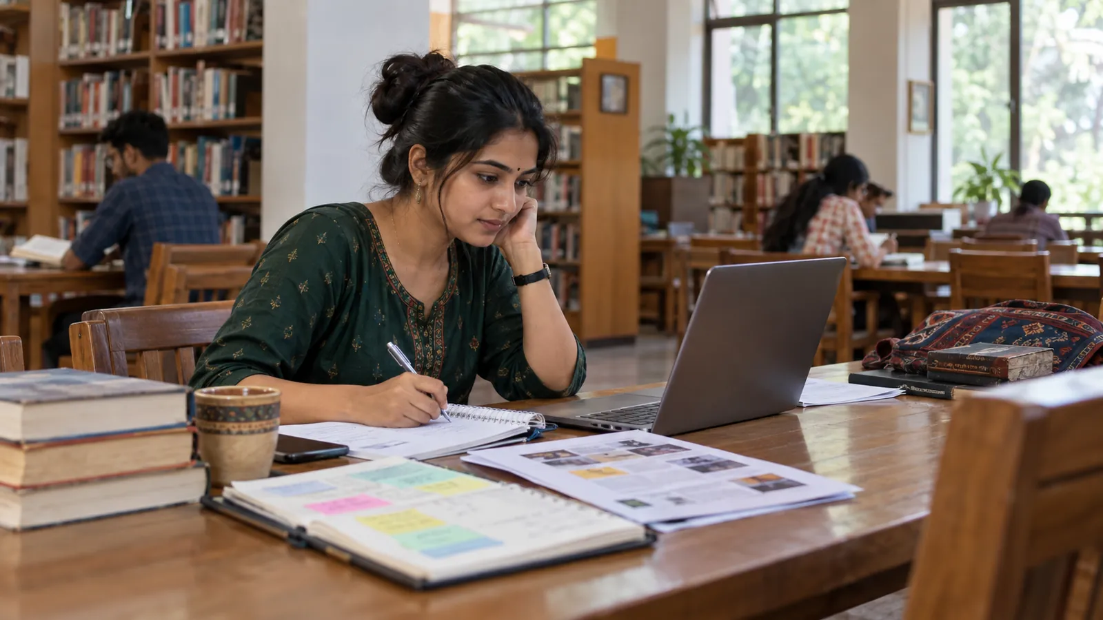 Indian learner working on a practical project at a quiet public library table with a laptop, notebook, and course information while planning a career-change upskilling routine