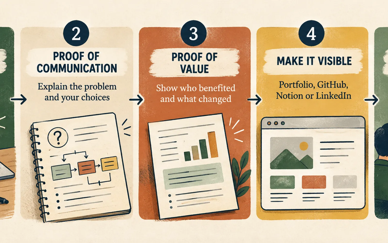 Five-step process for turning course completion into interview-ready proof: proof of skill, communication, value, visibility, and interview use