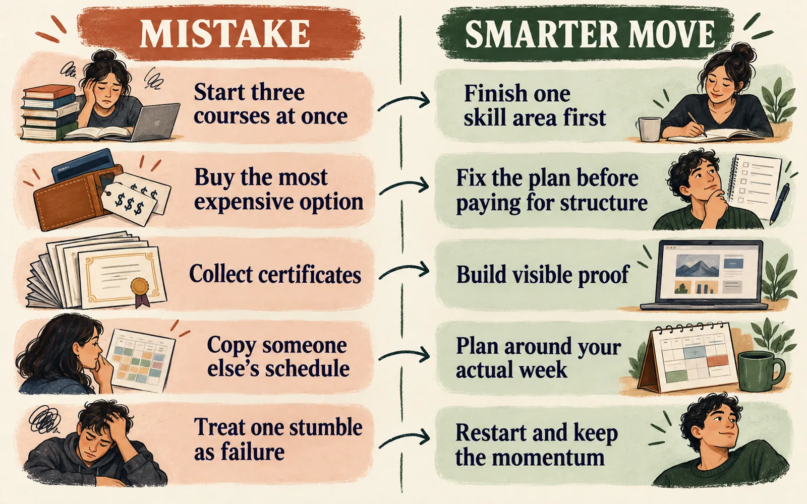 Mistakes versus smarter moves panel contrasting starting too many courses, overpaying, collecting certificates, copying another schedule, and quitting after a stumble with practical upskilling choices