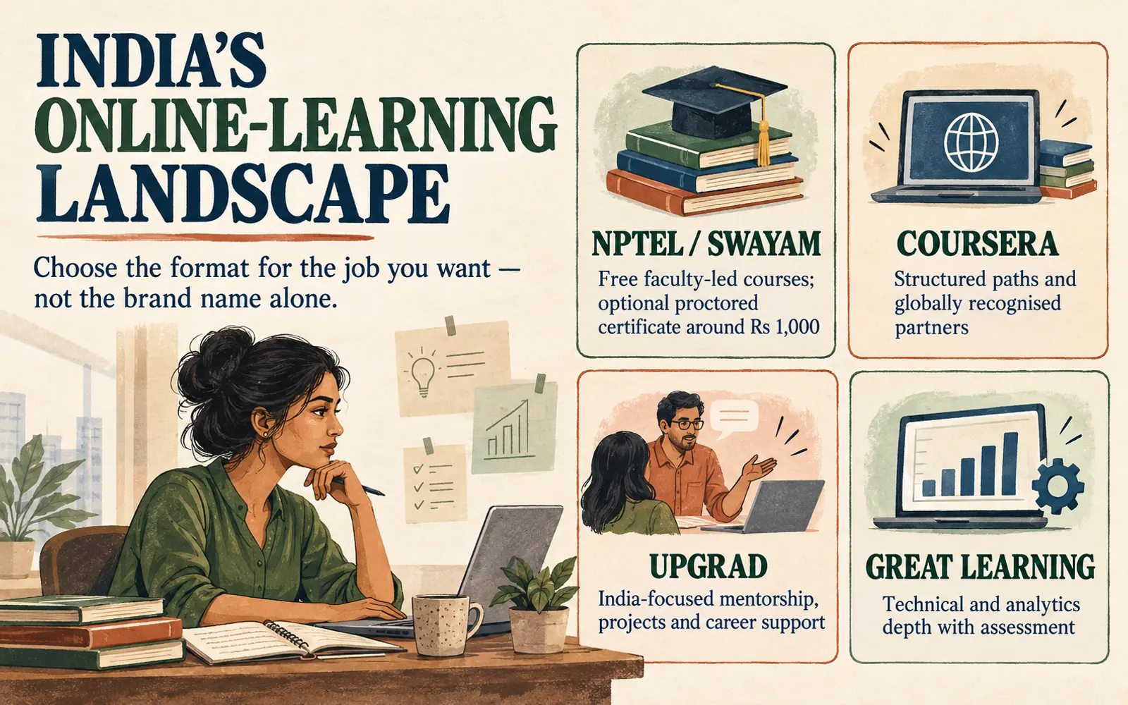 Editorial panel comparing NPTEL and SWAYAM, Coursera, upGrad, and Great Learning for Indian working professionals choosing an online-learning format