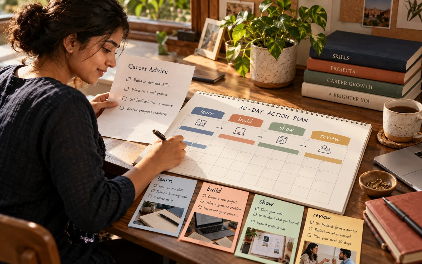 Student turning career advice into a 30-day calendar with learning, proof, feedback, and review