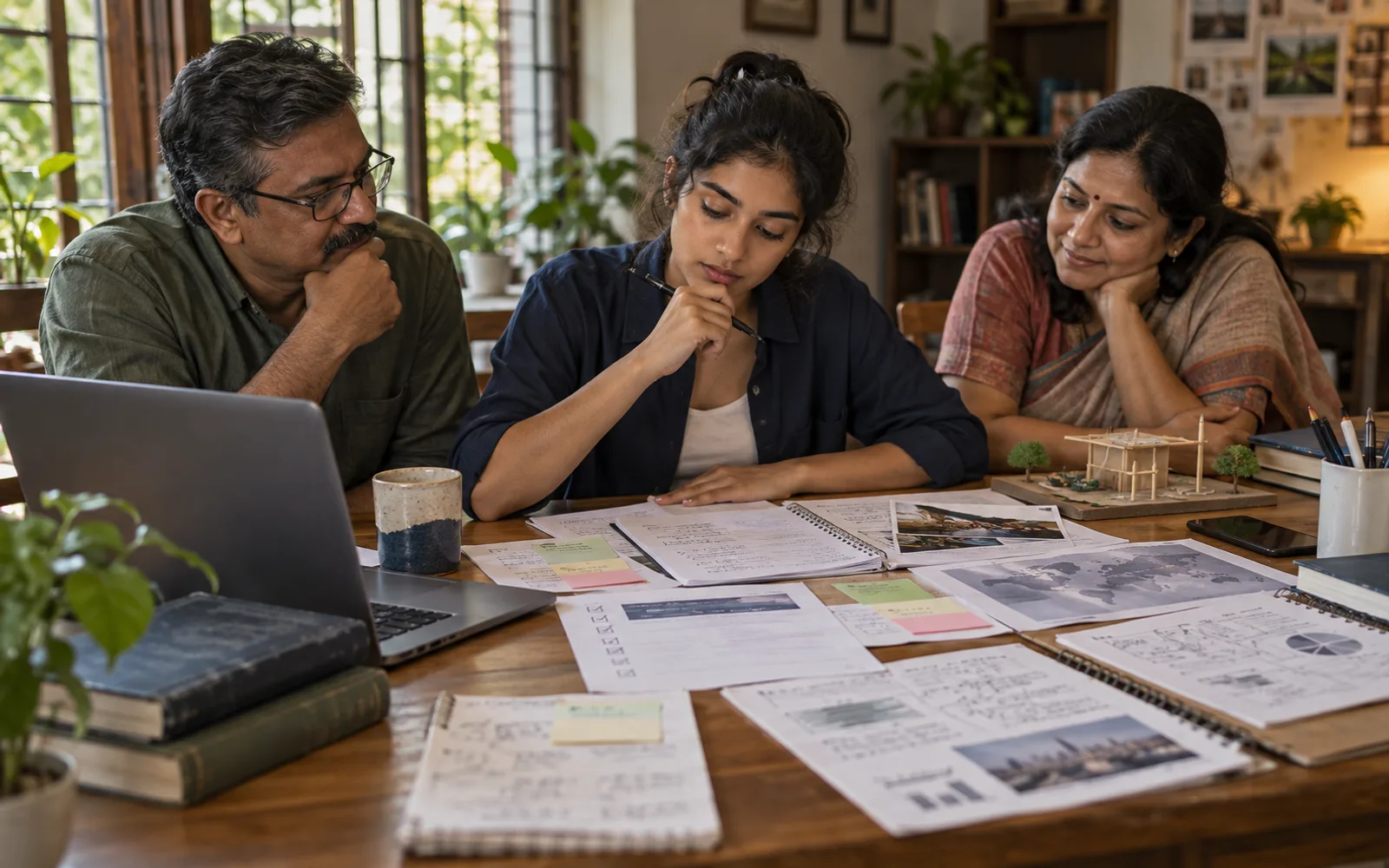 Indian student evaluating career advice with market notes, a project, family input, and a shortlist