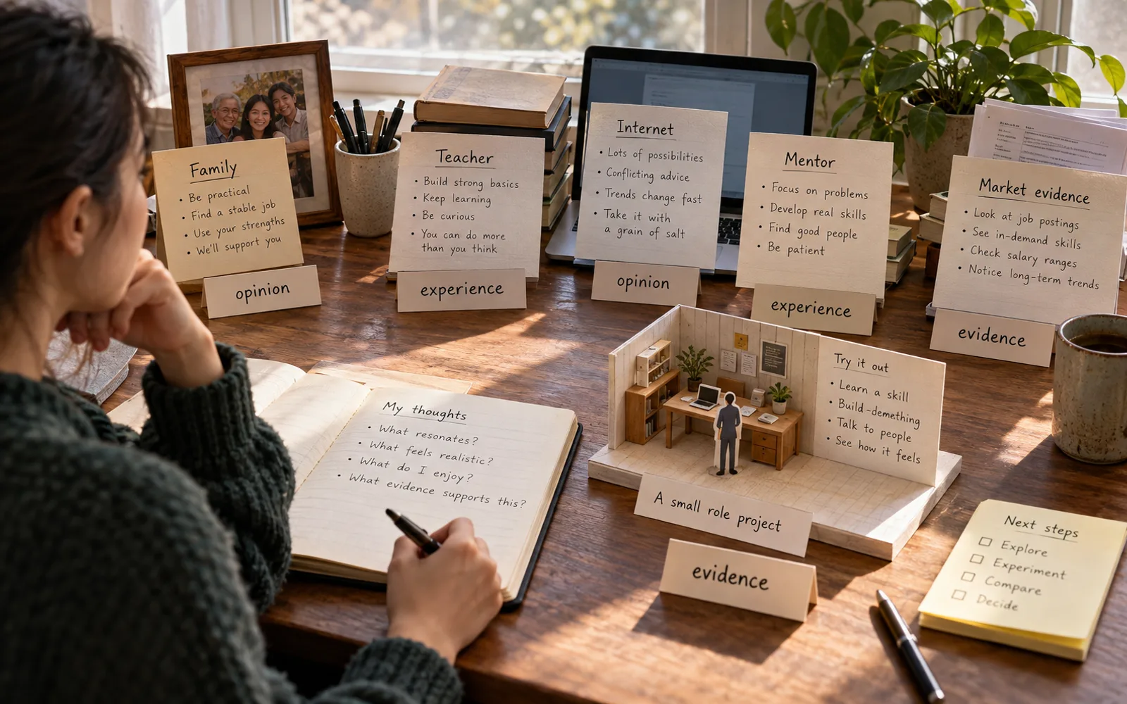 Student comparing advice from family, teacher, internet, mentor, and market evidence