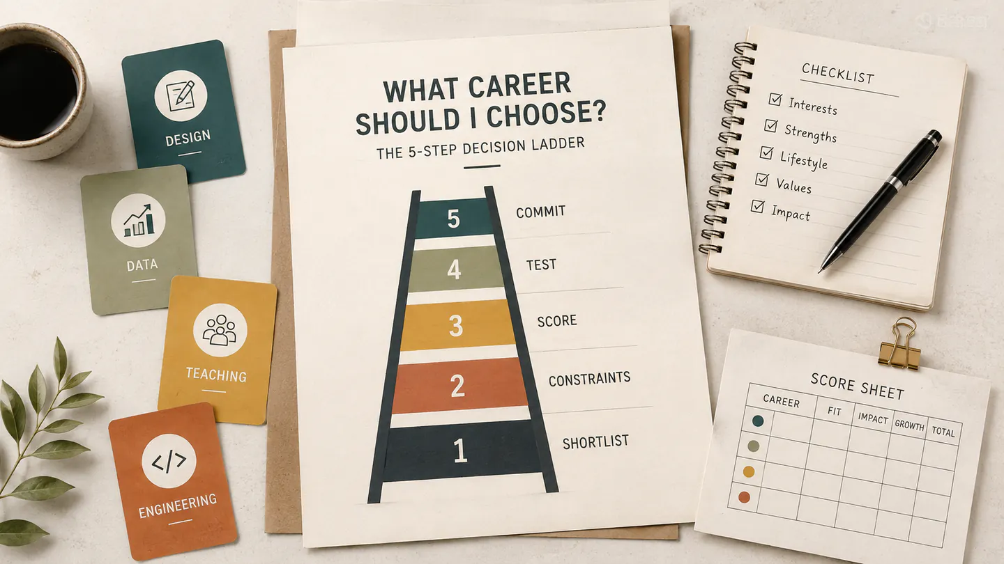 Editorial desk layout showing a five-step career decision ladder, career cards, checklist, and weighted score sheet.