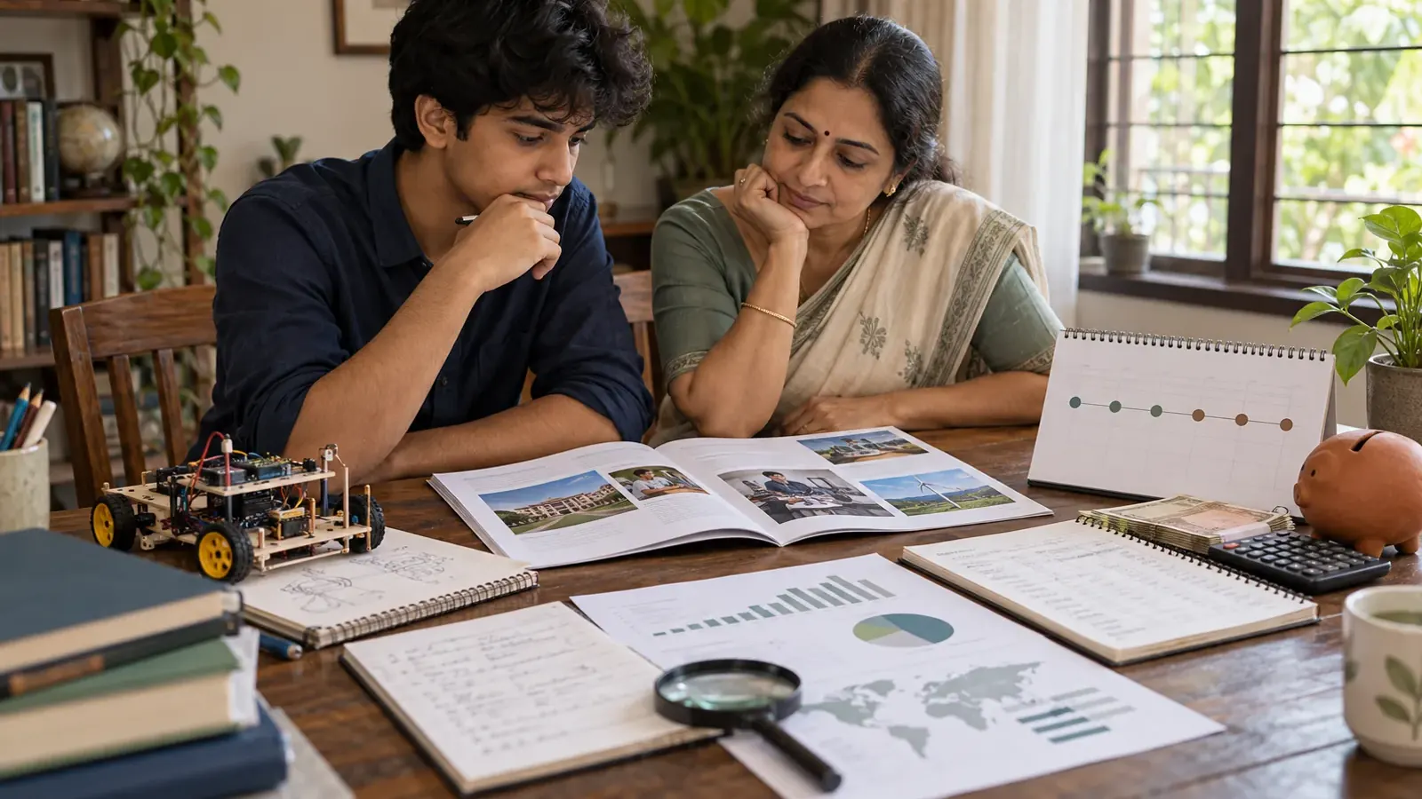 Indian student and parent reviewing career notes, course information, and a project plan together at home
