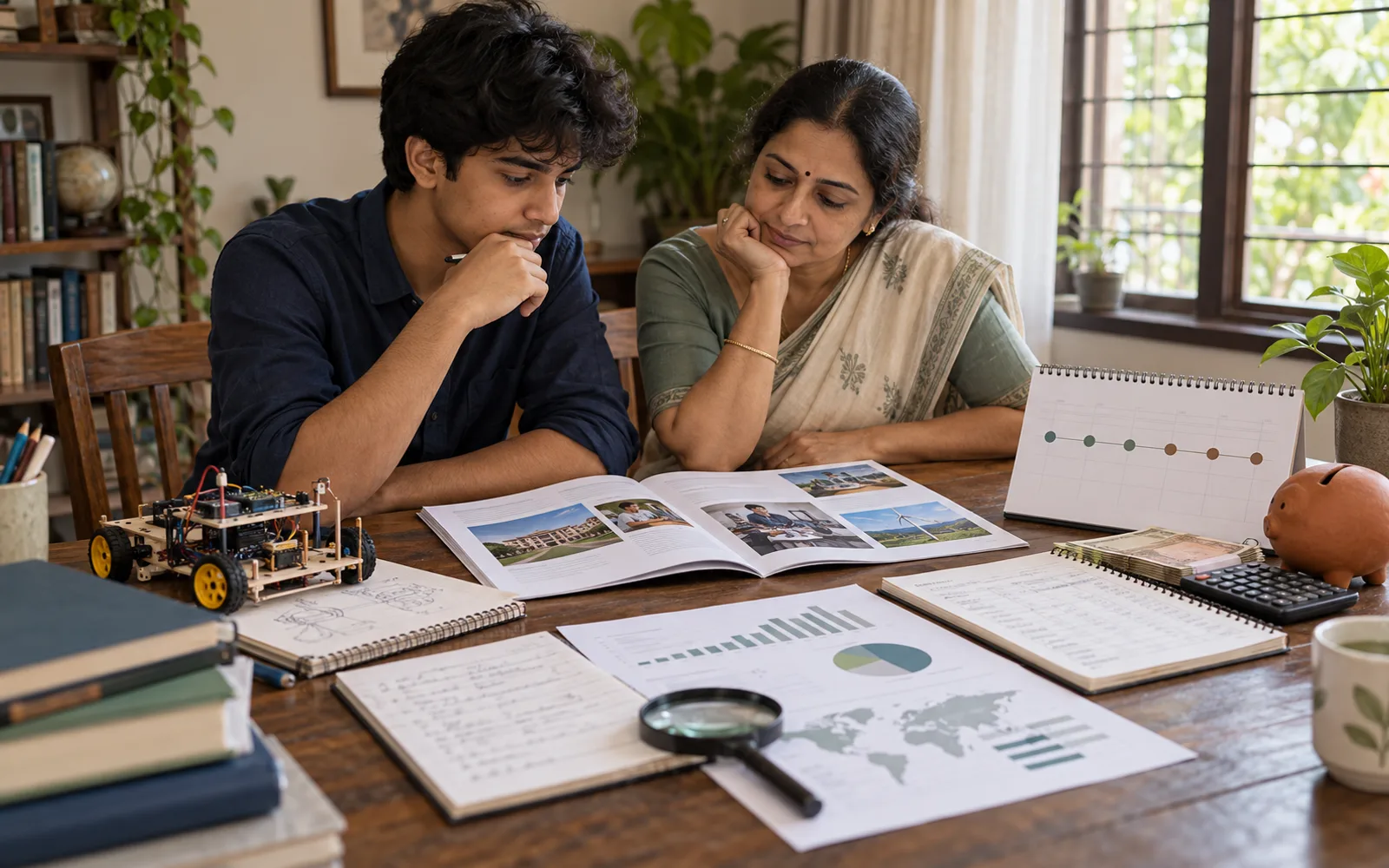 Indian student and parent comparing career evidence, budget, market notes, and years of runway