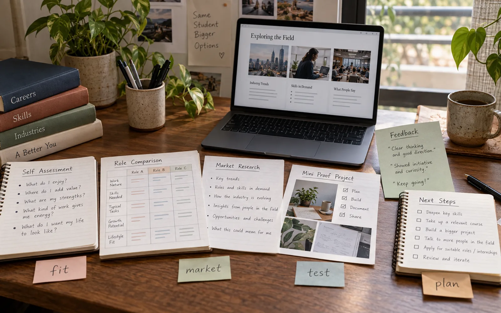 Assessment notes, role comparison, market research, proof project, feedback, and next-step plan arranged in sequence