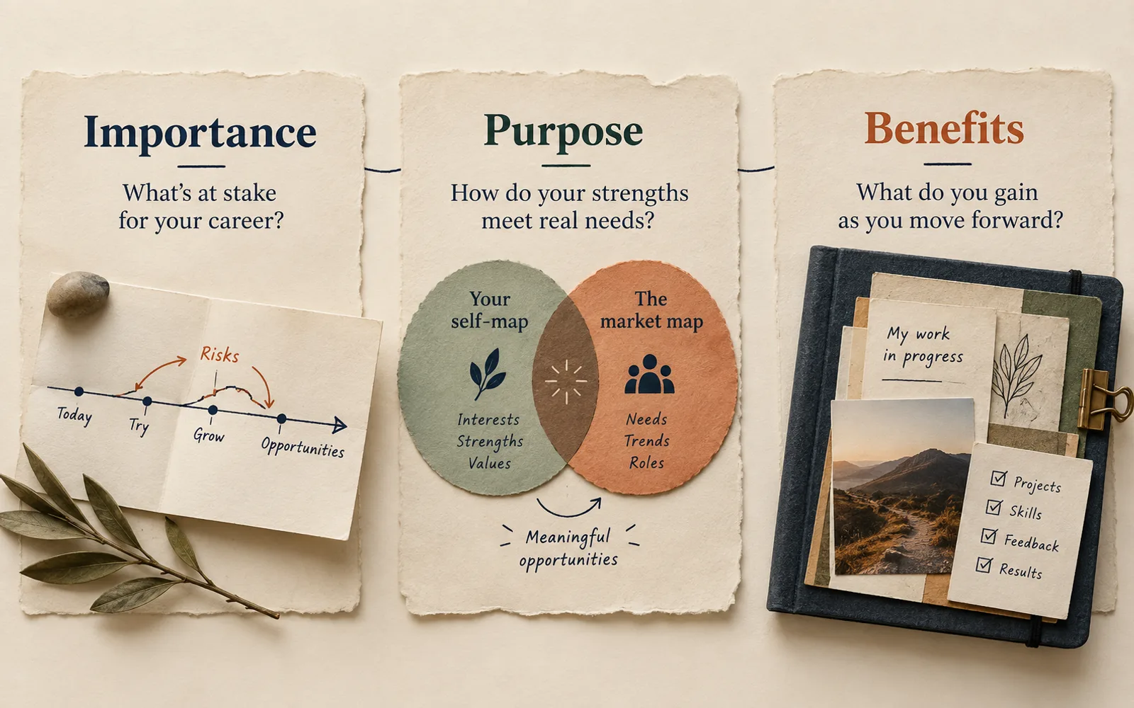 Three editorial panels explaining the importance, purpose, and benefits of career counselling