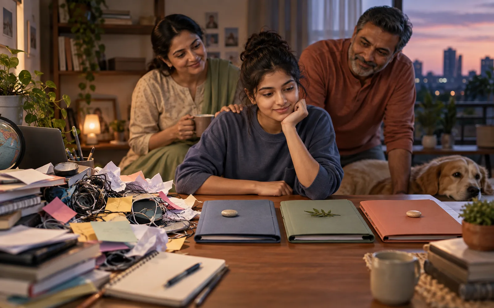 Indian student gradually arranging a tangled pile of career options into three calm folders