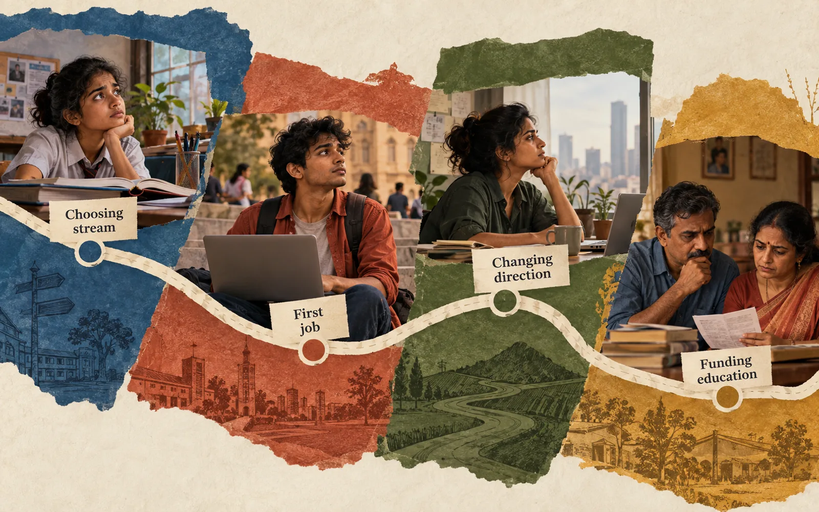 Four connected career decision scenes for a school student, graduate, working professional, and parent