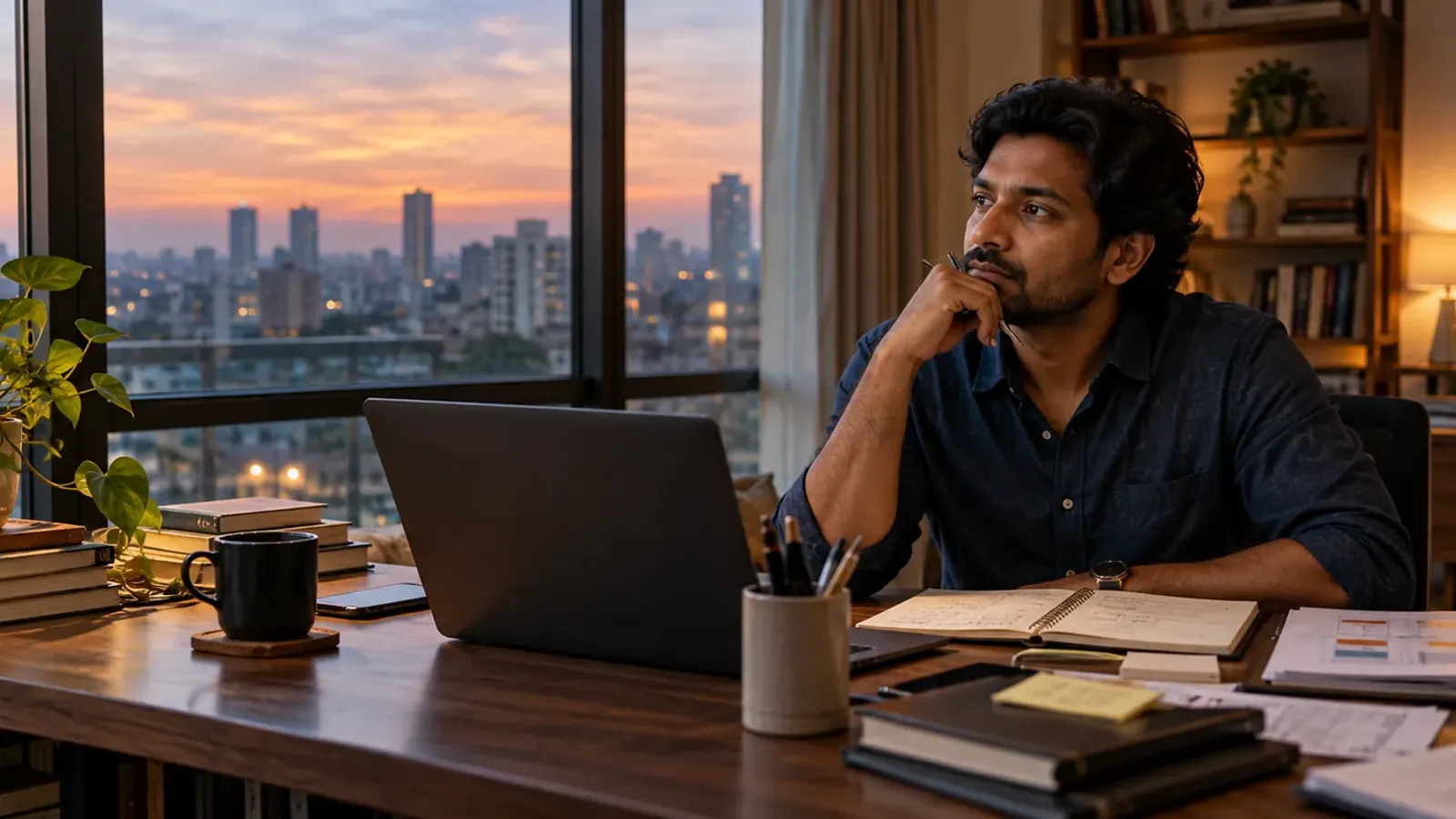 Indian working professional reflecting at an evening workspace with a laptop, notebook, and documented work plans