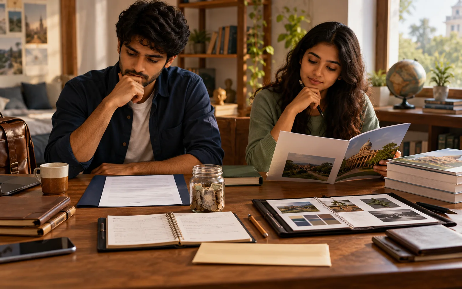 Indian graduate comparing a first job, higher studies, savings, loan cost, and a skills portfolio