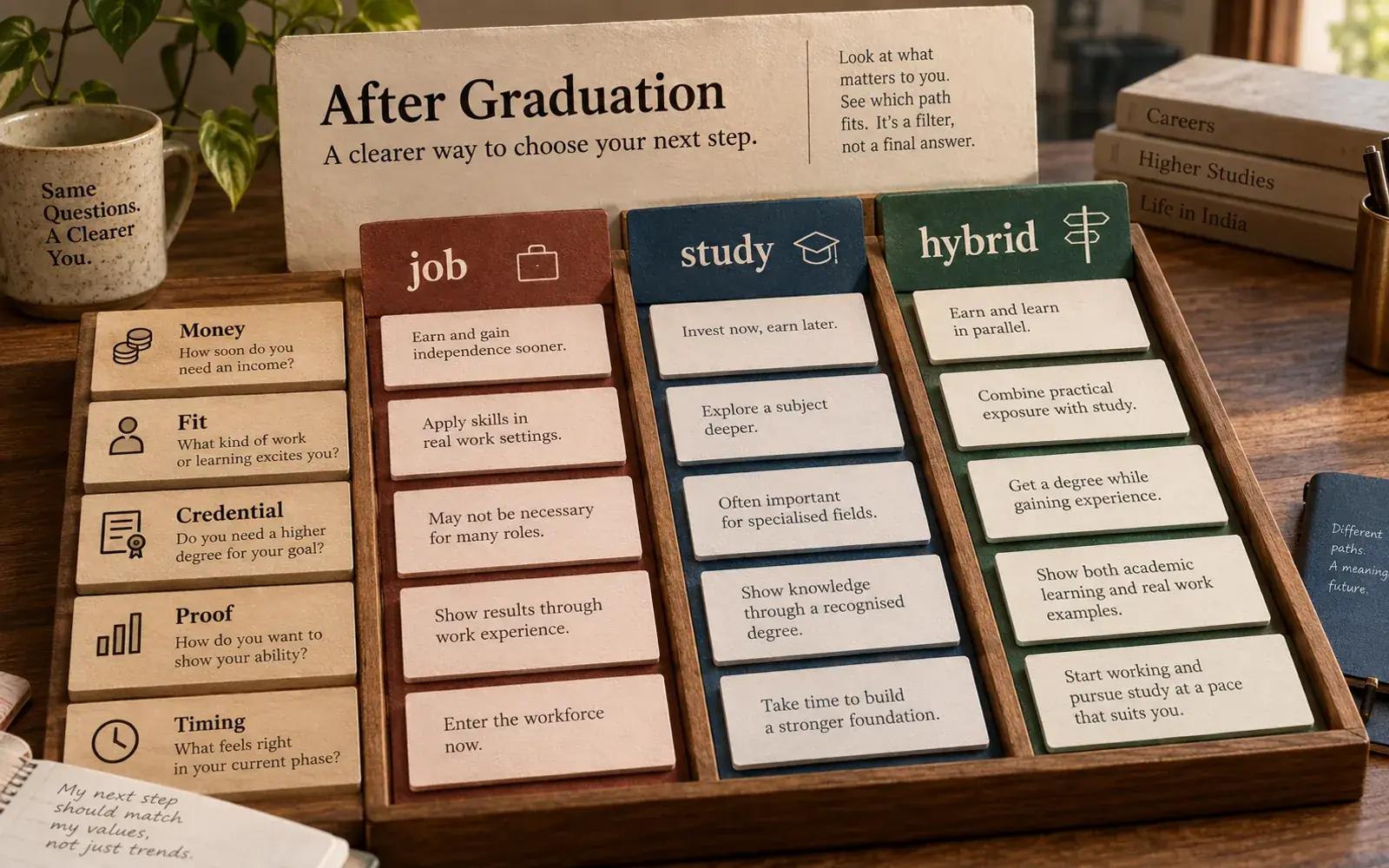 Hybrid work-then-study plan showing earning, clarifying direction, saving, and applying