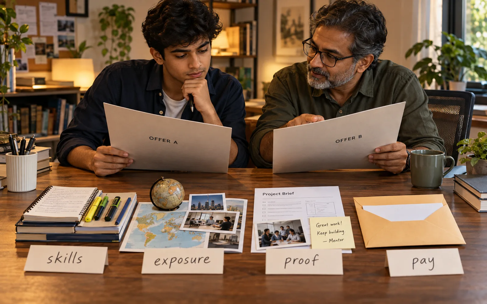 Indian graduate comparing job offers by skills, exposure, proof, and pay with a mentor