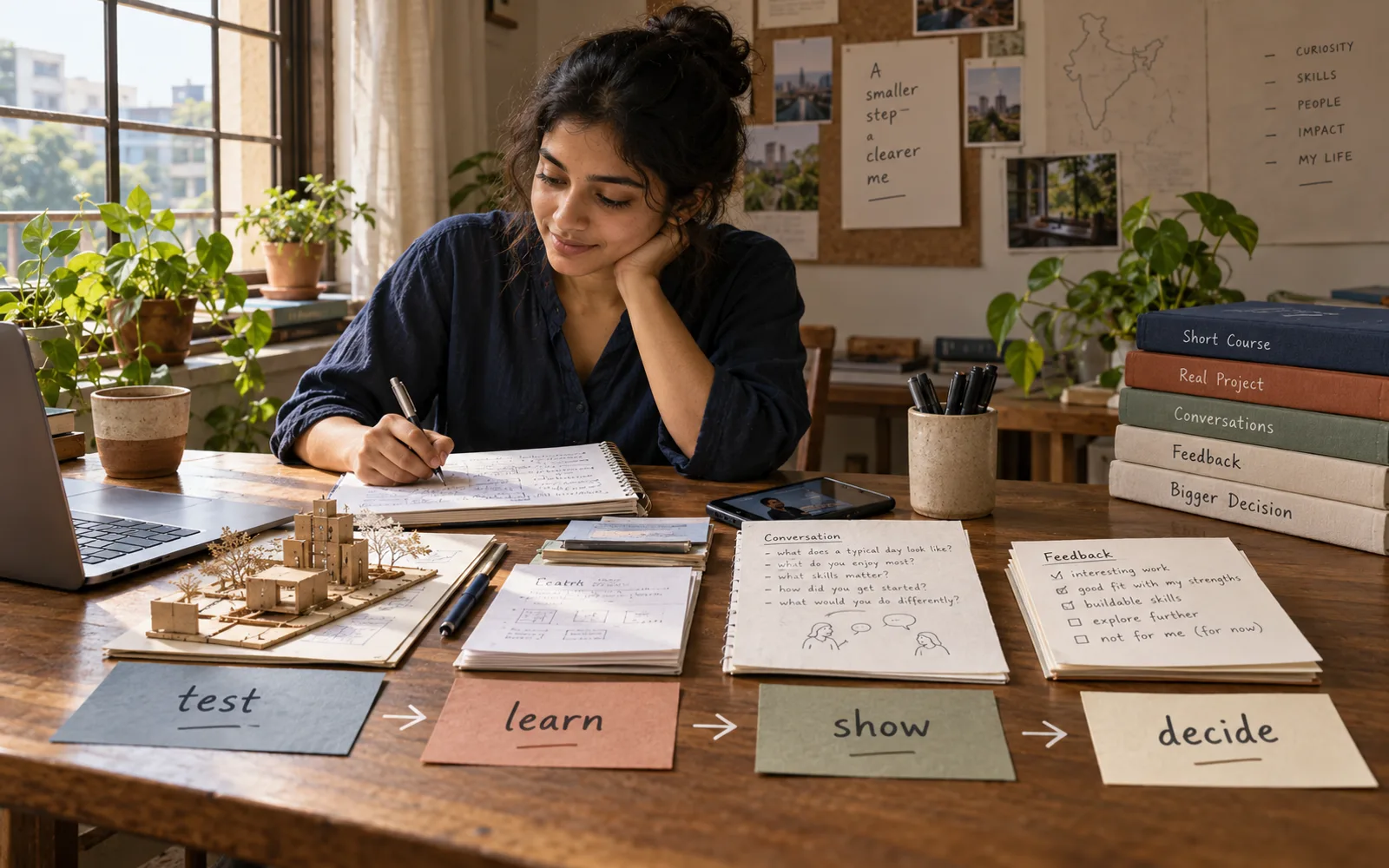 Graduate testing a career direction with a small project, short course, conversation note, and feedback card