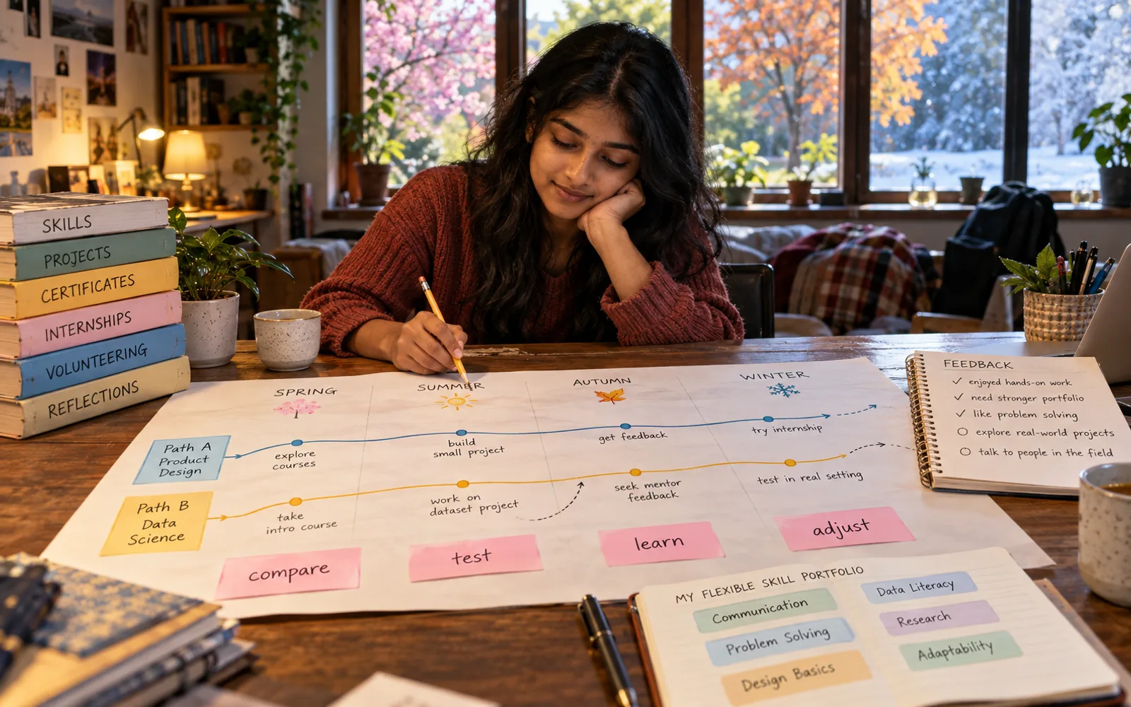 Career action plan with a 90-day calendar, learning blocks, proof projects, feedback, and an application pitch