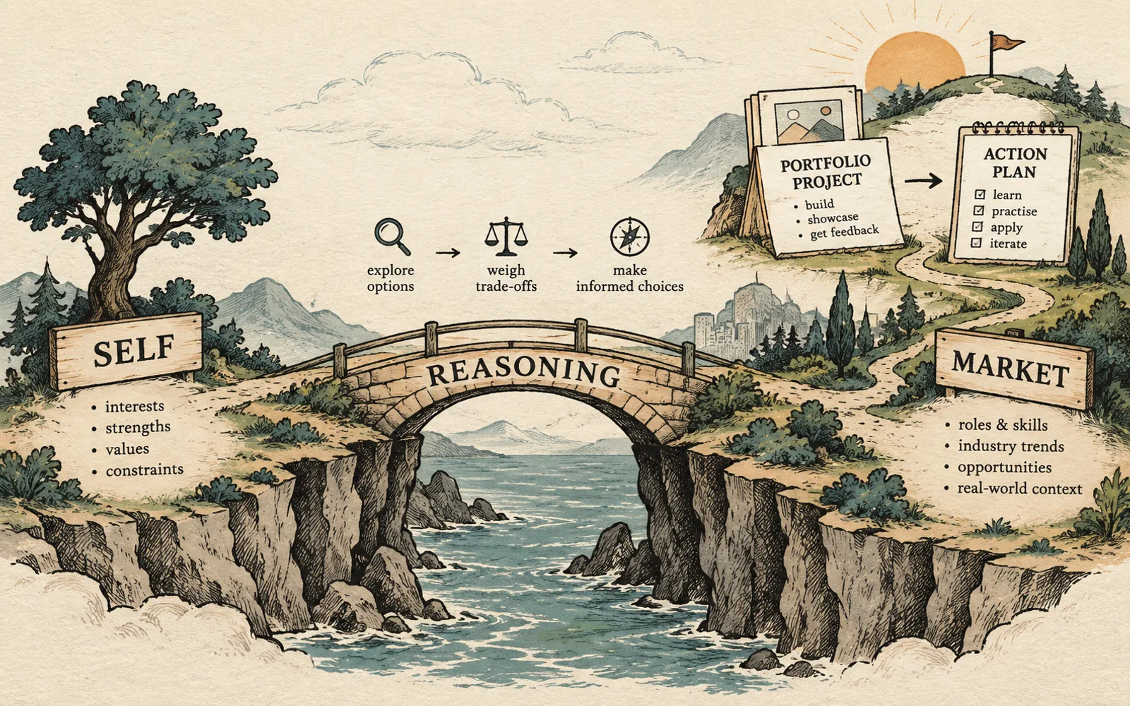 Self-market bridge diagram showing reasoning connecting personal fit to job-market reality