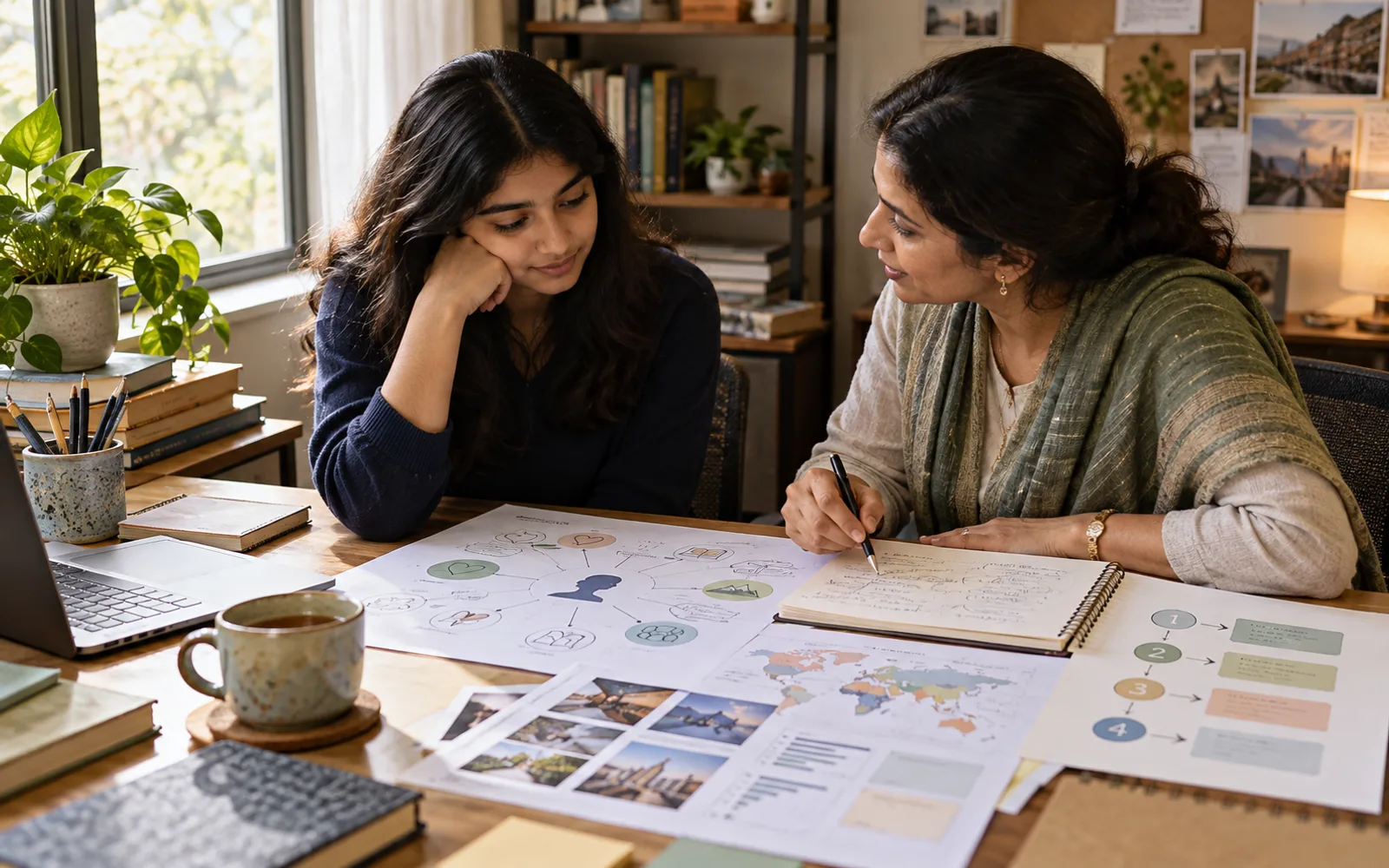 Indian student building a self-map, market check, proof project, and career action plan with a counsellor