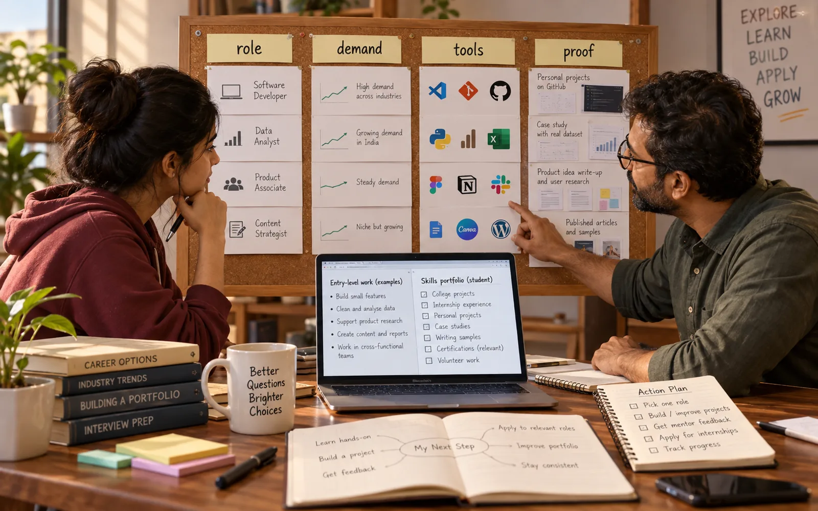 Indian student and mentor comparing job descriptions, tools, demand, and portfolio proof