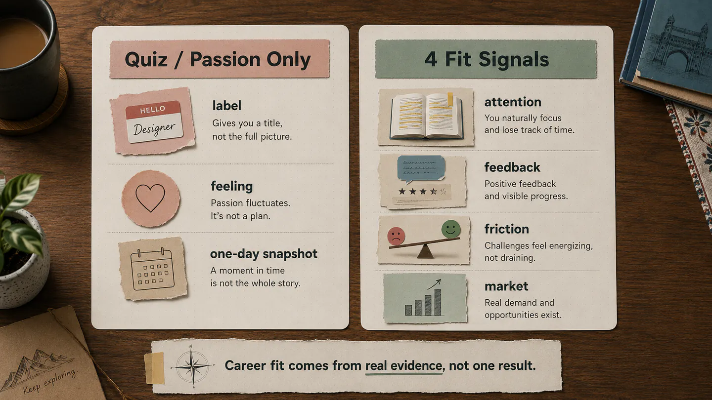 Comparison showing the limits of a quiz or passion-only approach versus attention, feedback, friction, and market signals.