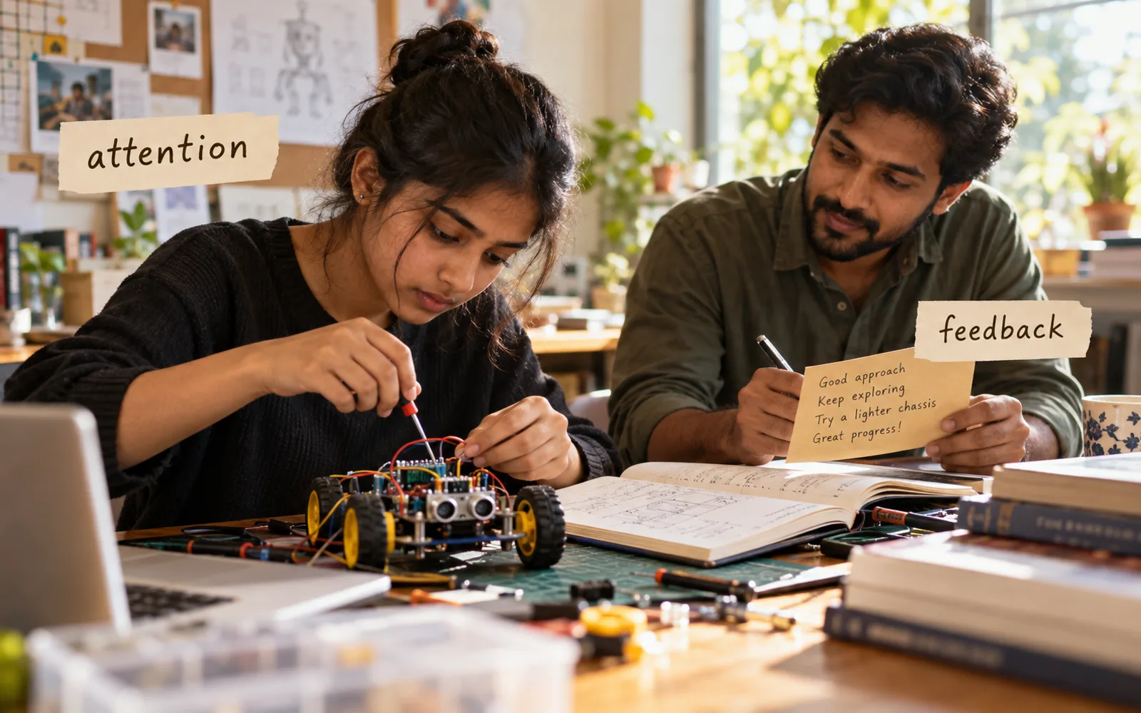 Indian student absorbed in a mini-project while a peer marks a feedback card