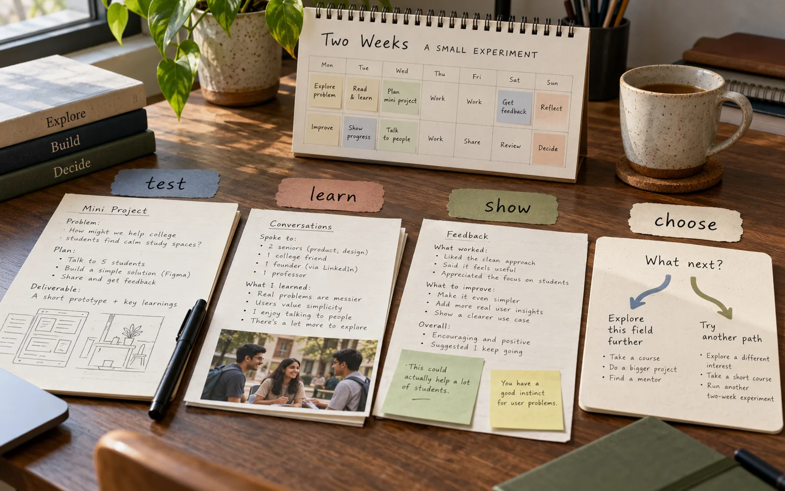 Two-week career experiment with a mini-project, conversation notes, feedback, and a decision card