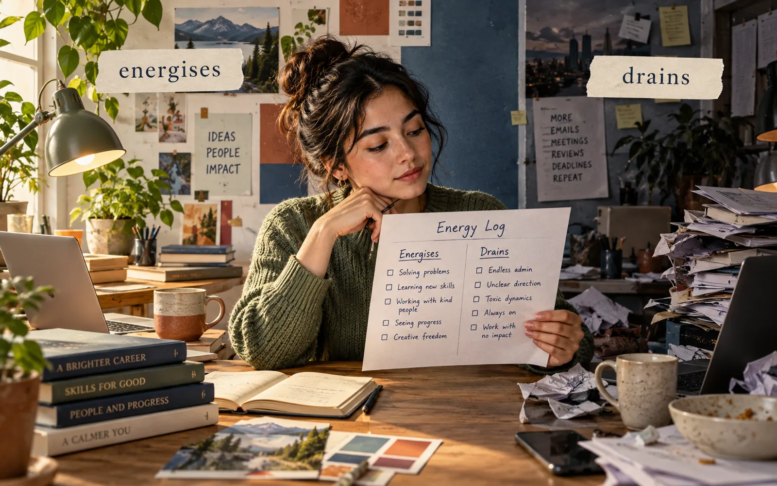 Student comparing two workstations with an energy log showing what energises and drains