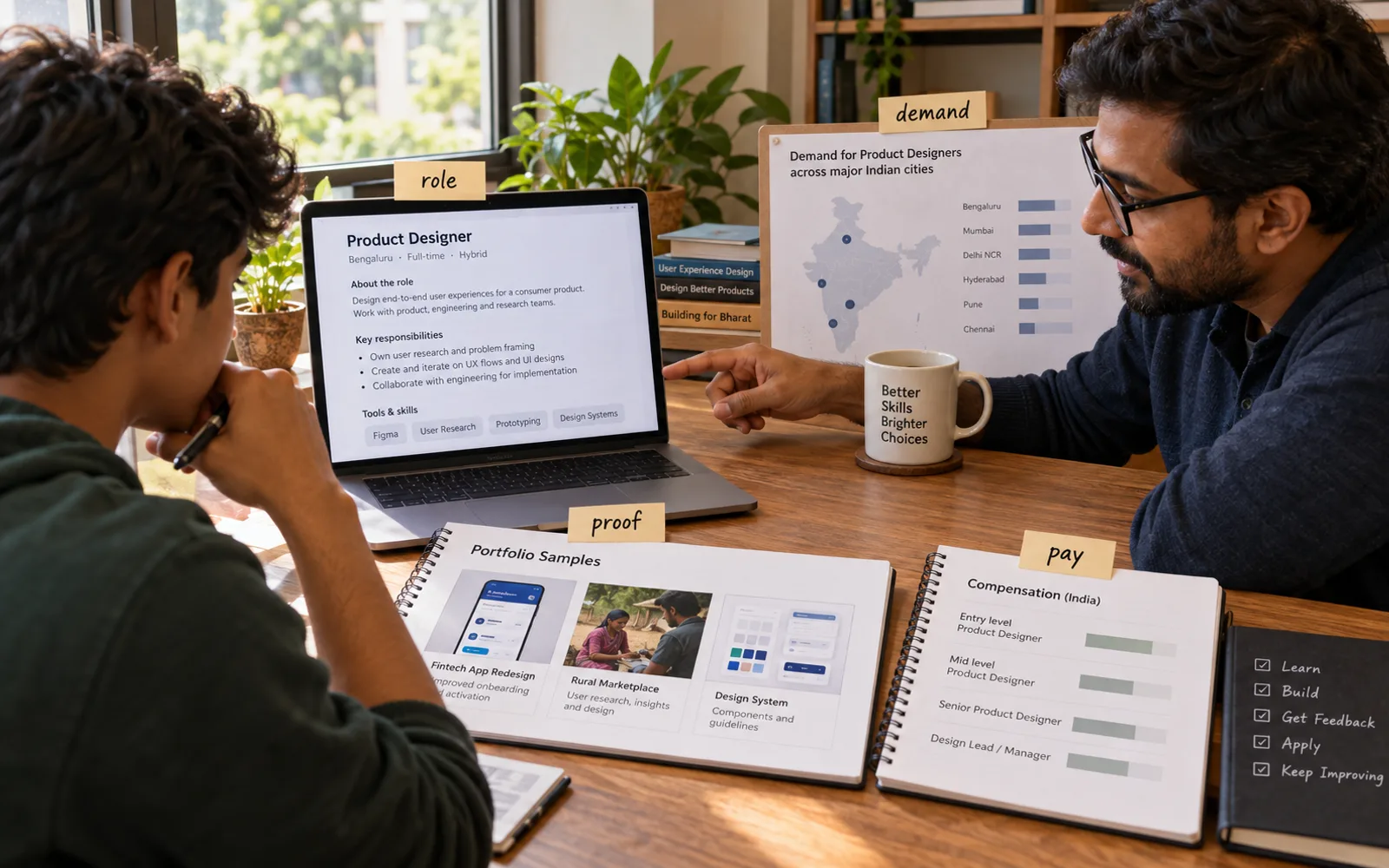 Indian student and mentor comparing job descriptions, tools, demand, and portfolio proof
