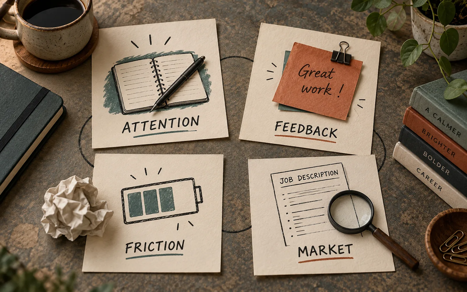 Four fit signals labelled attention, feedback, friction, and market with realistic evidence objects
