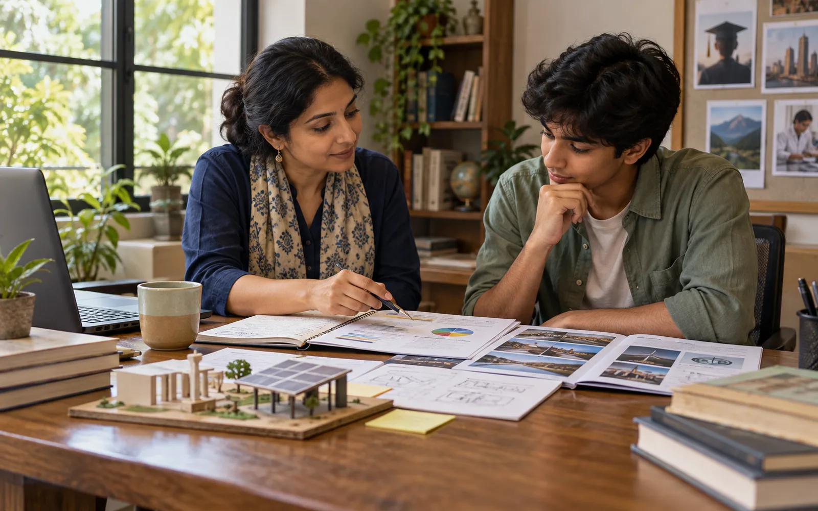 Indian student and counsellor comparing self-assessment notes, job information, and a small project