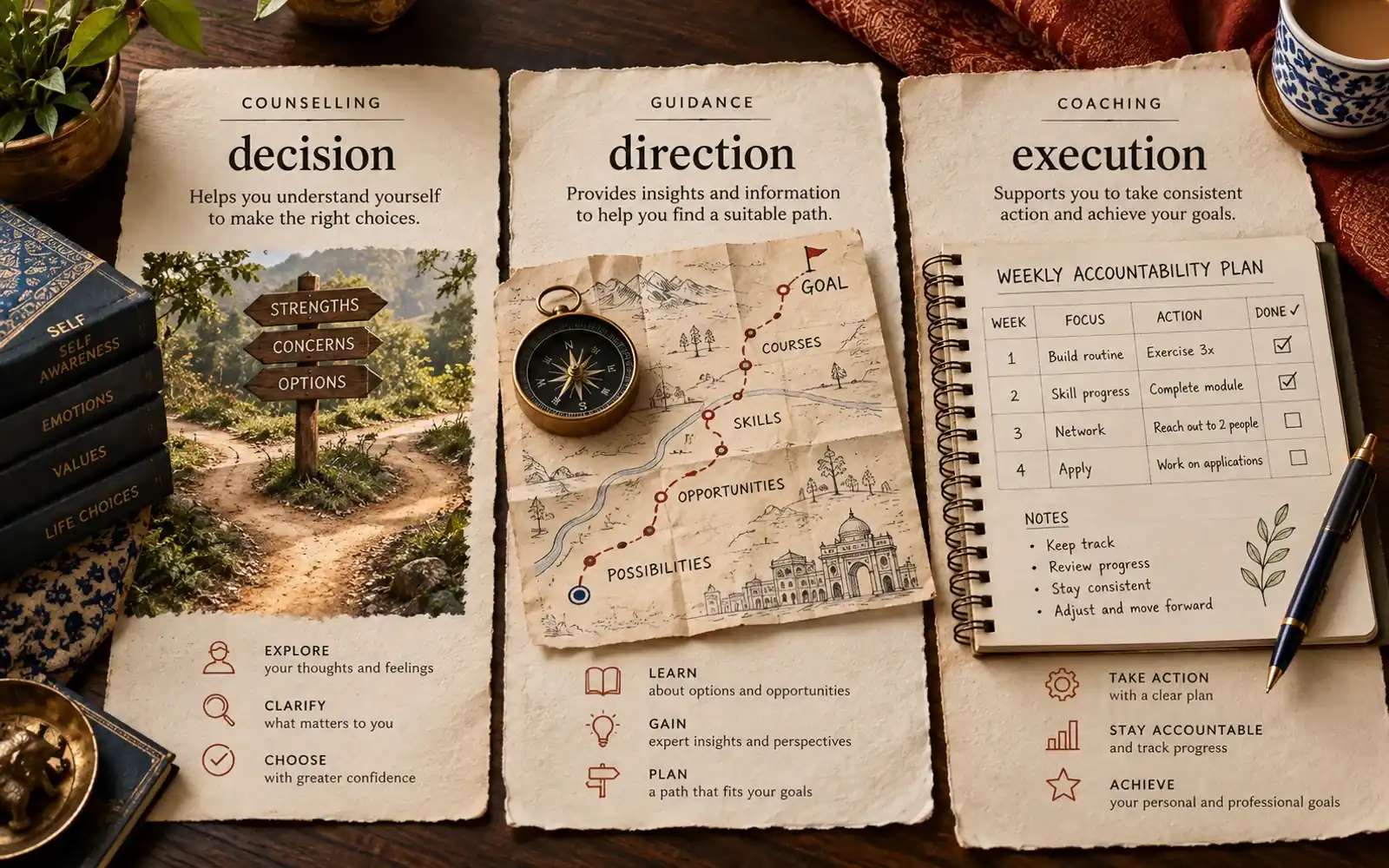 Three paper lanes comparing counselling for decisions, guidance for direction, and coaching for execution
