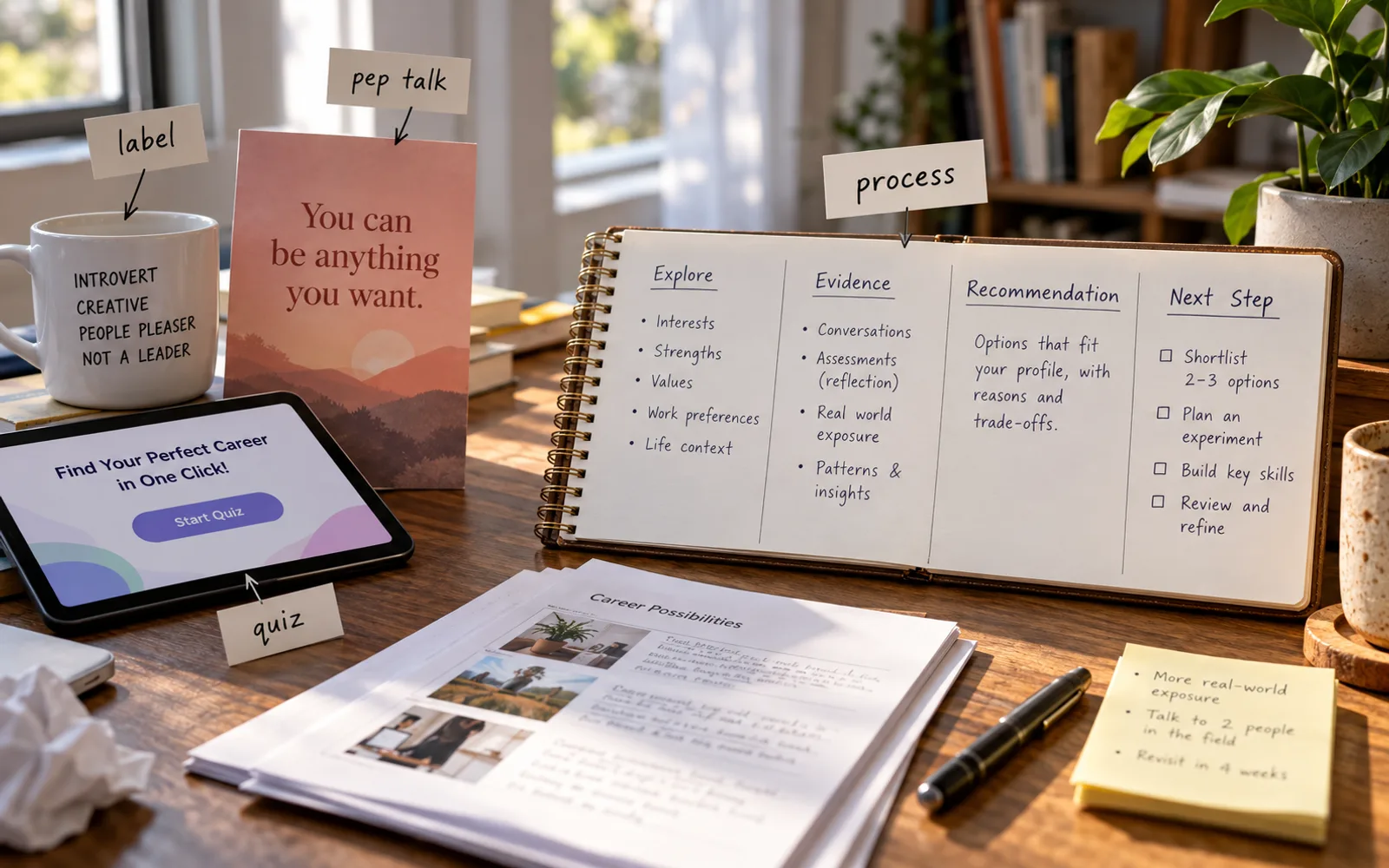 Personality label, motivational quote, and one-click quiz set aside while a structured counselling process stays in focus