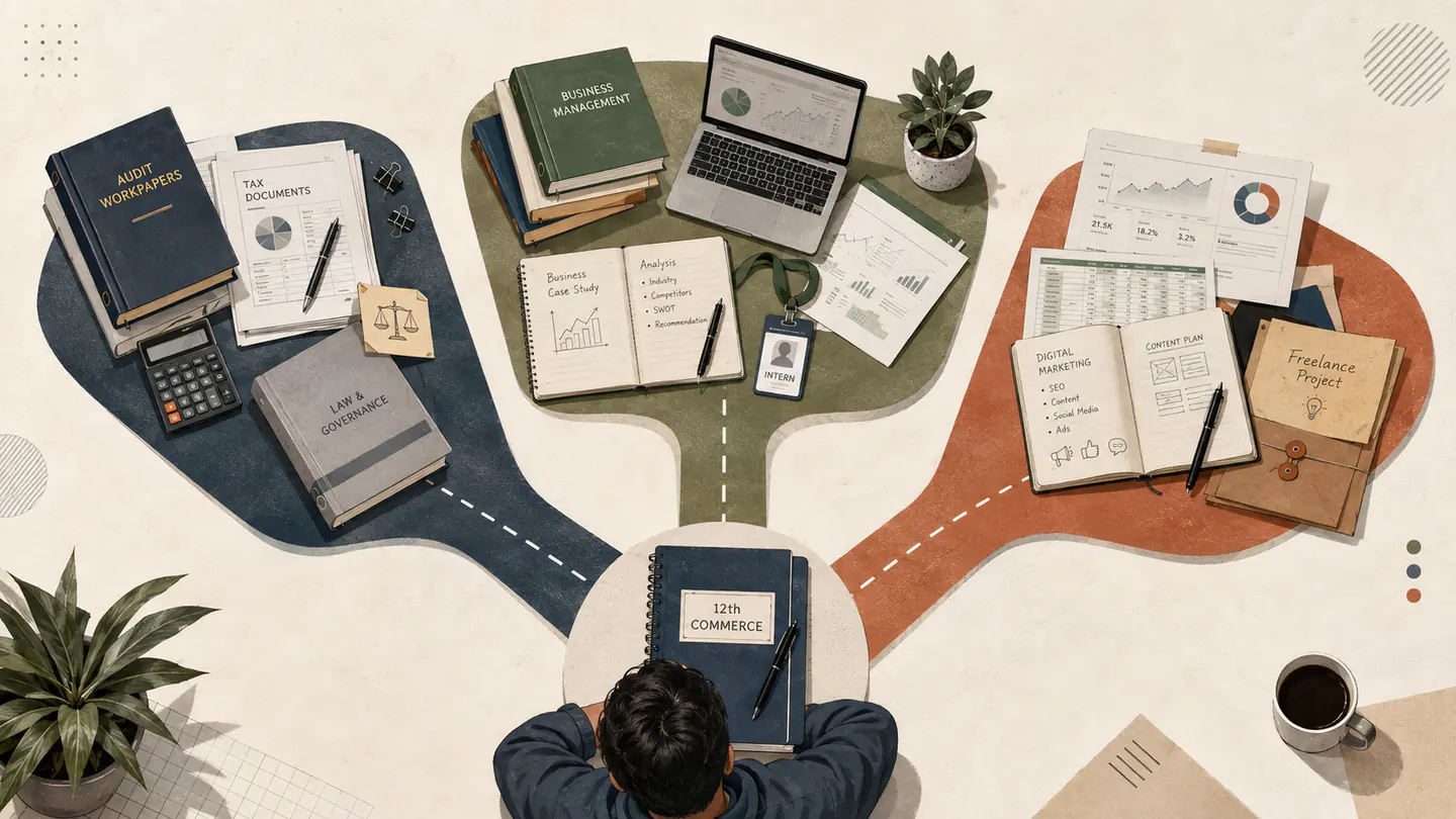 Editorial desk showing three routes after 12th commerce: professional exams, corporate degrees, and skill-first careers.