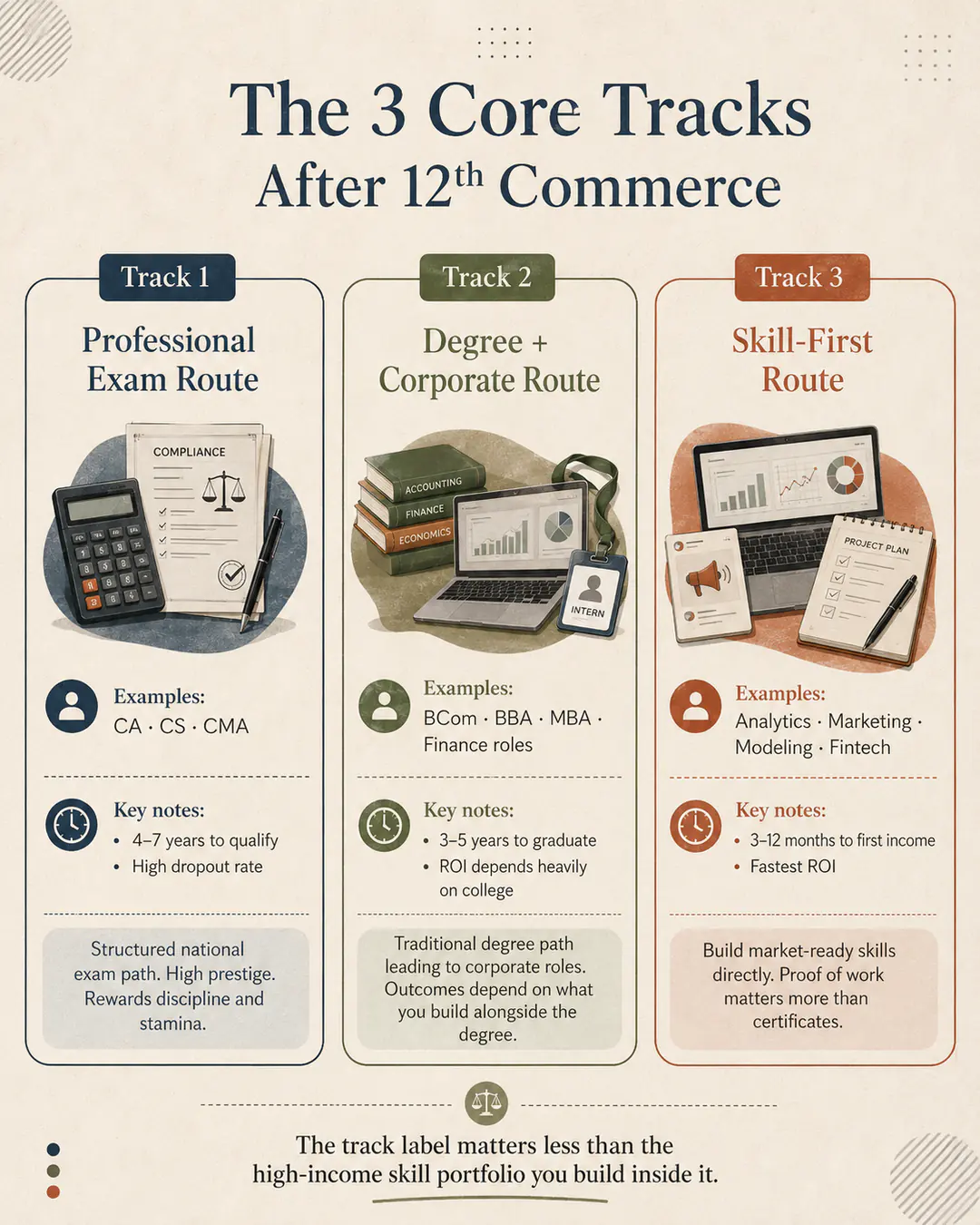 Three-track map of career options after 12th commerce: professional exams, degree plus corporate roles, and skill-first routes.