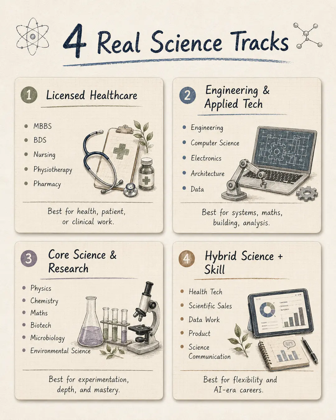 Four science career tracks: licensed healthcare, engineering and applied technology, core research, and hybrid science careers.